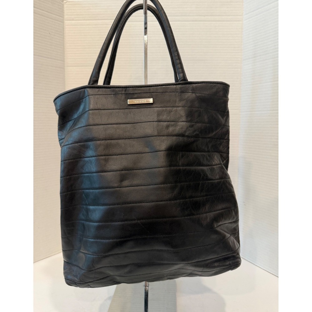 Gucci Large Black Ribbed Pleated Leather Double Handle Tote Bag Purse